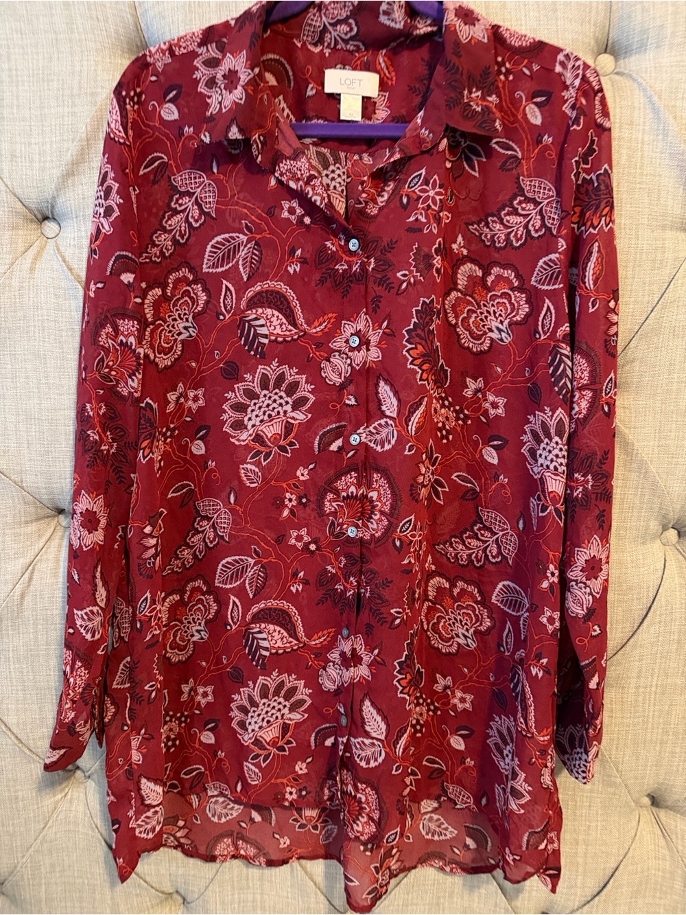 LOFT Burgundy Floral Print Button-Down Shirt